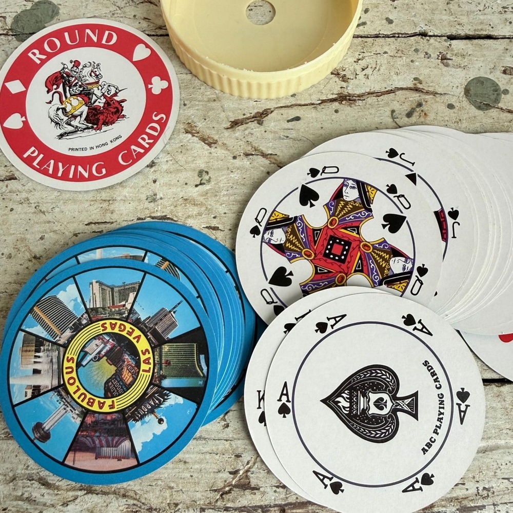 Vintage ABC Round Playing Cards Fabulous Las Vegas Souvenir Circular Deck Case